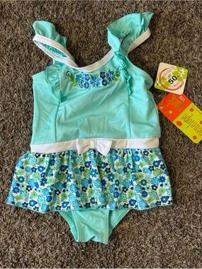 NWT Sz 3T Penelope Mack Aqua Floral Skirt One-Piece Swimsuit with White Bow